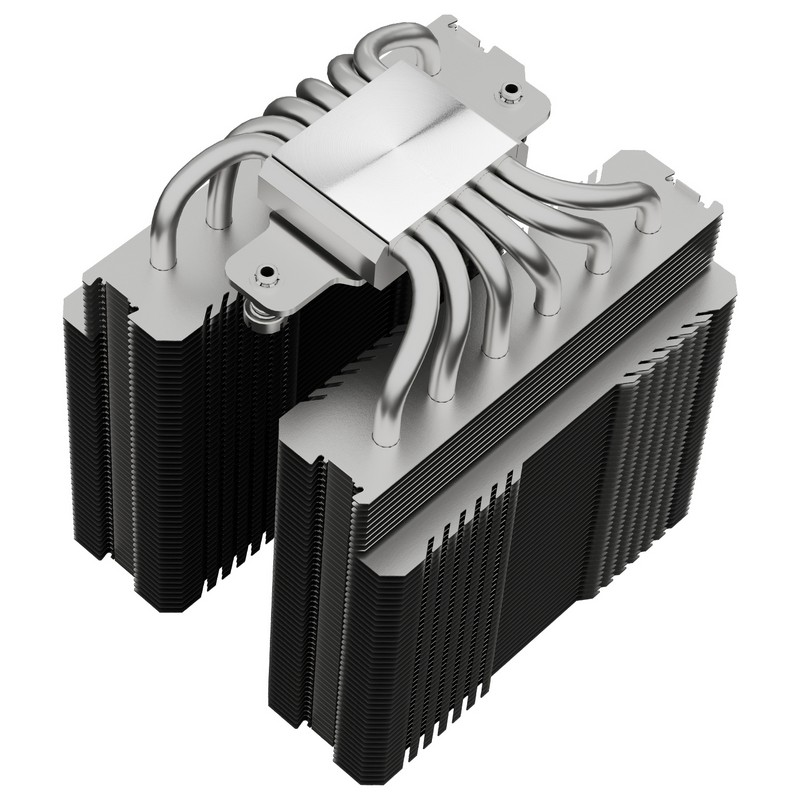Un enfriador de CPU de computadora plateado y negro con múltiples tubos de calor y aletas.