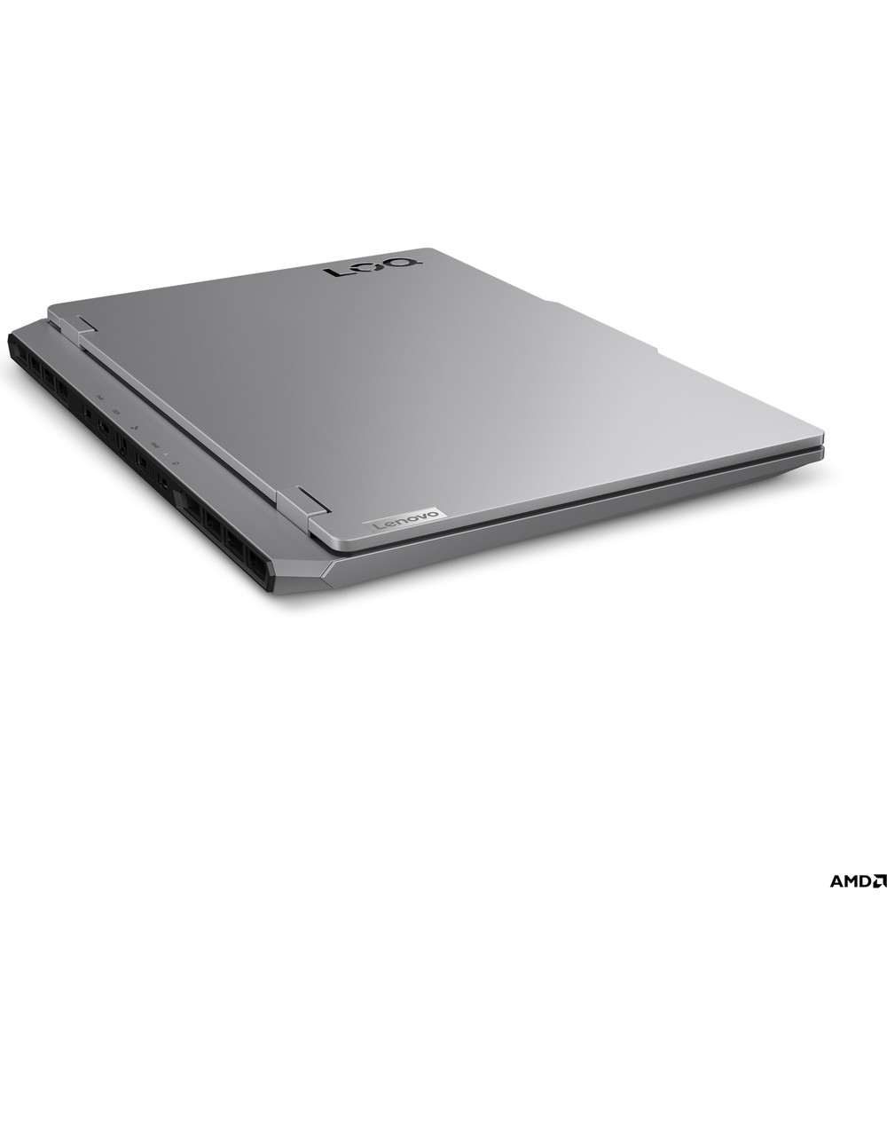 LQG logolu ve AMD logolu kapalı gümüş Lenovo dizüstü bilgisayar.