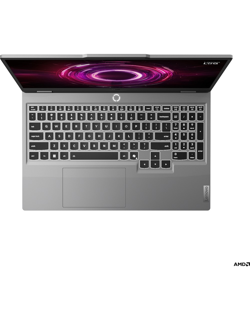Gümüş renkli bir Lenovo dizüstü bilgisayar açık olup ekranda canlı pembe ve mor soyut bir tasarım göstermektedir. Klavye görünür durumdadır.