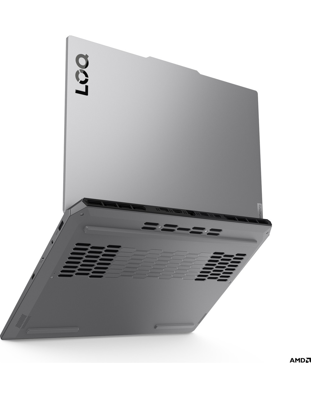 Gümüş rengi laptop açık kapaklı, havalandırma delikli ve 'LOQ' logolu.