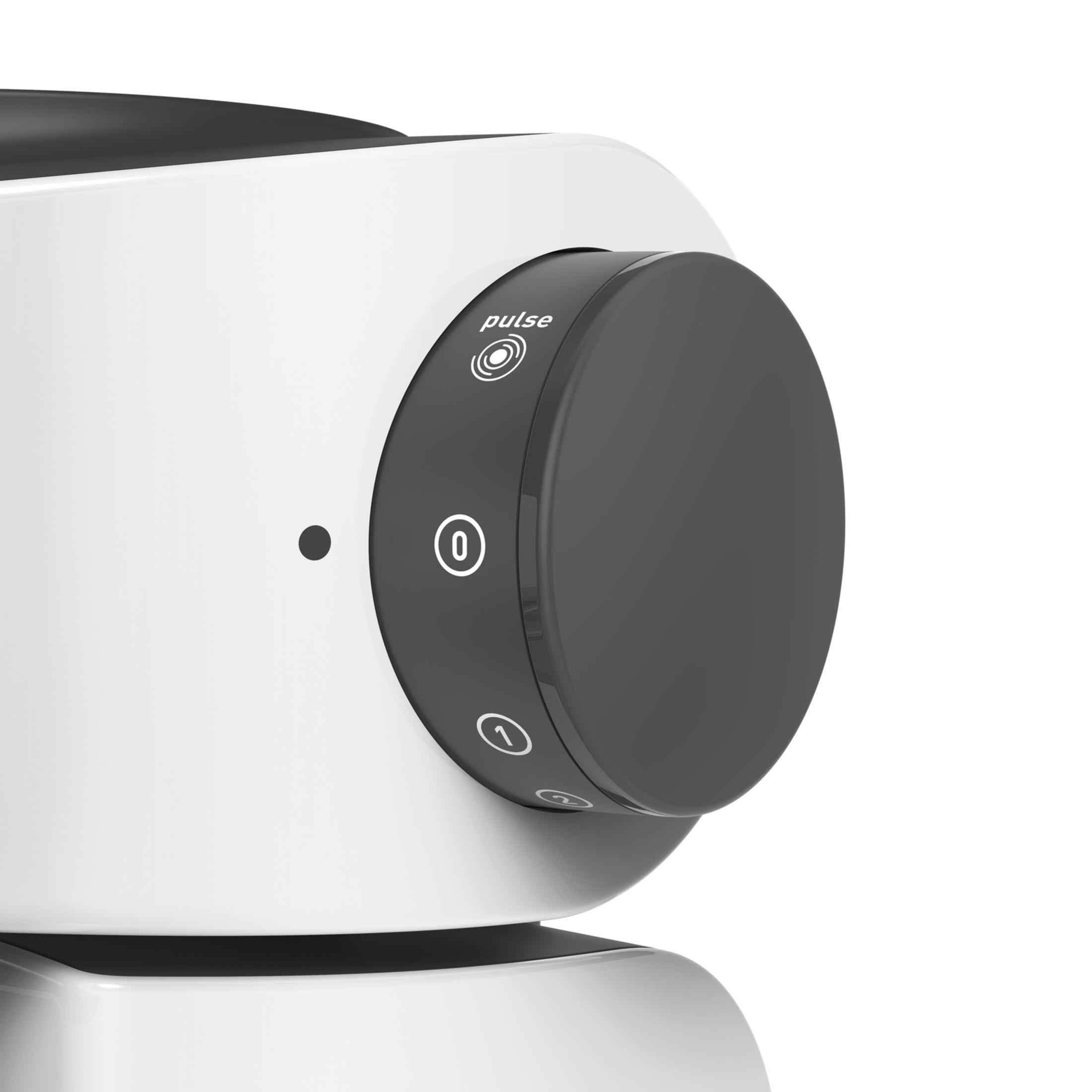 Primo piano di un mixer bianco con quadrante nero con simboli pulse, 0, 1 e 2.