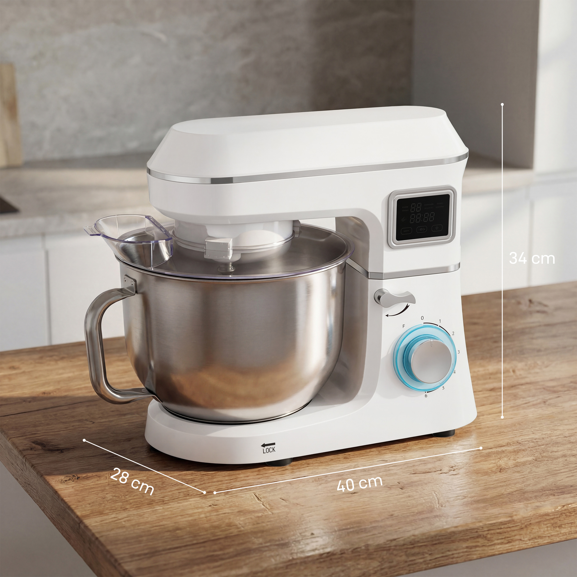 Un robot de cocina blanco con bol de acero inoxidable sobre mesa de madera. Se muestran dimensiones.