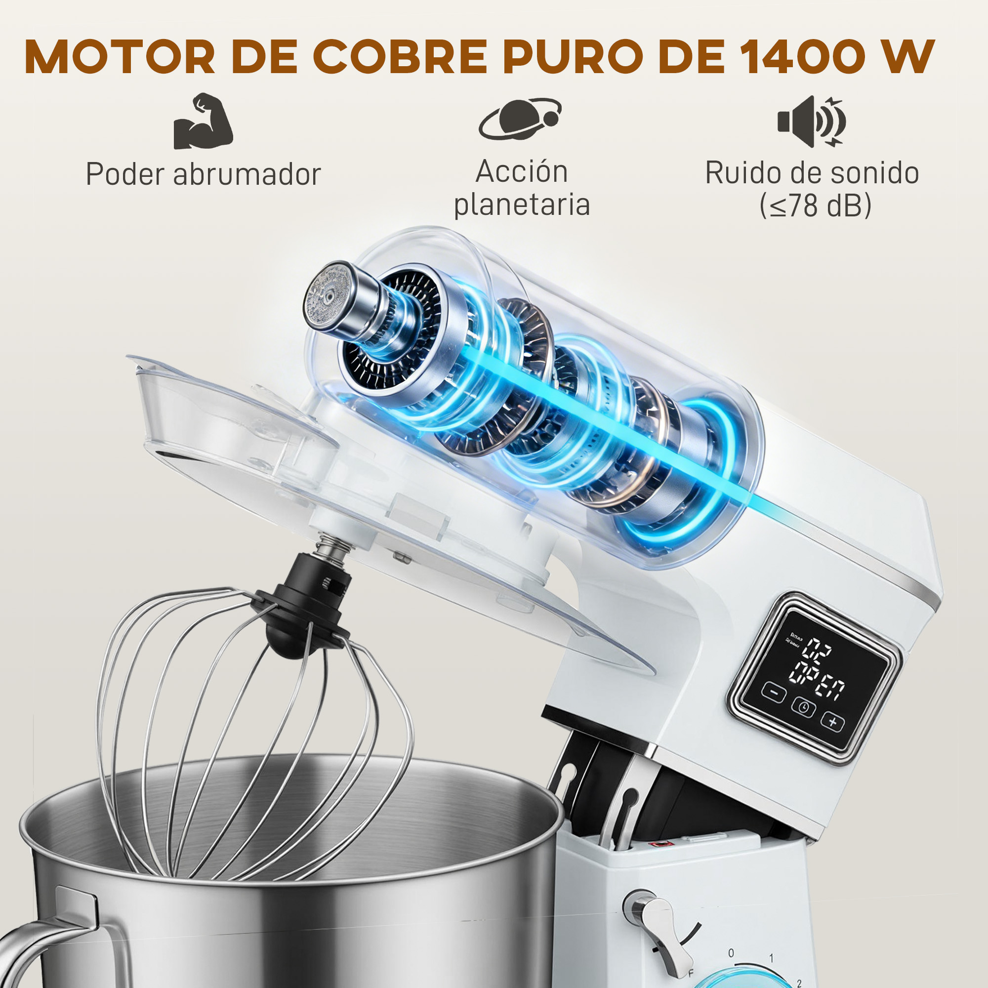 Un batidora de cocina blanco con bol y varillas de acero inoxidable. Motor visible.