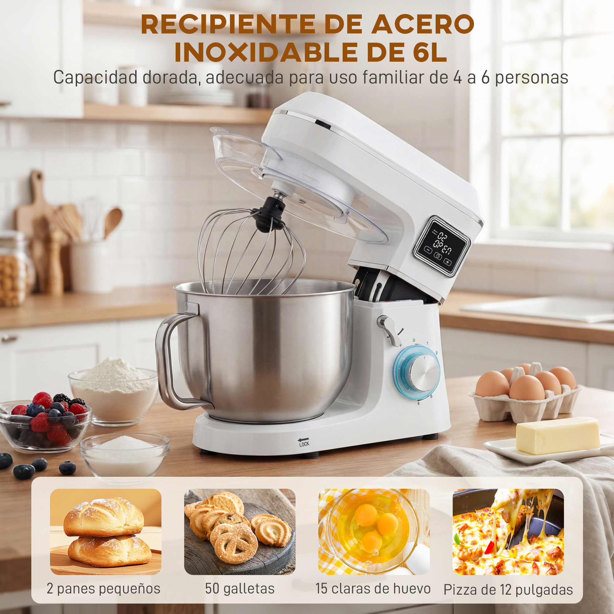 Un batidora de cocina blanco con bol de acero inoxidable sobre superficie de madera. Ingredientes cerca.