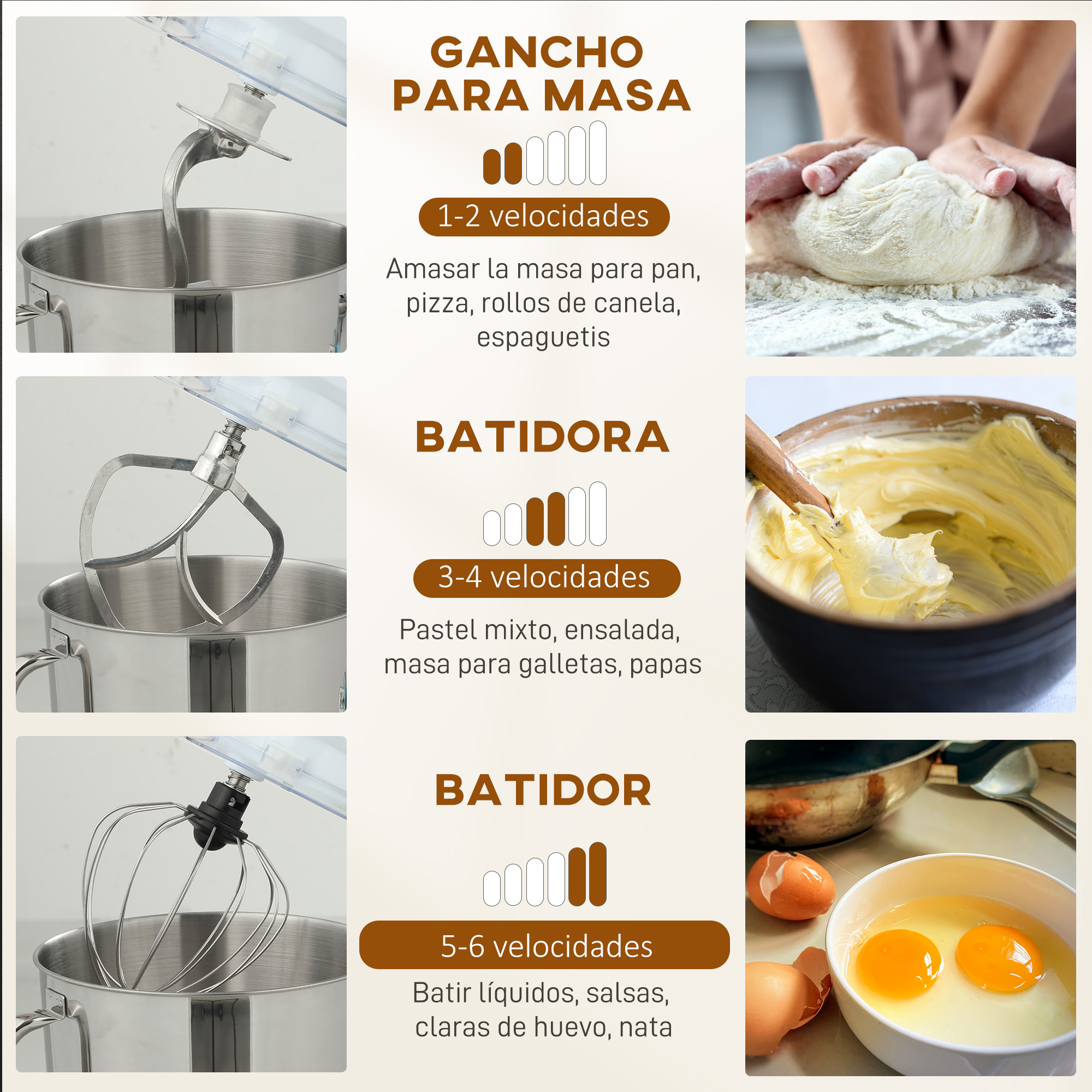 Batidora de cocina con gancho, batidor y varillas para varias velocidades.