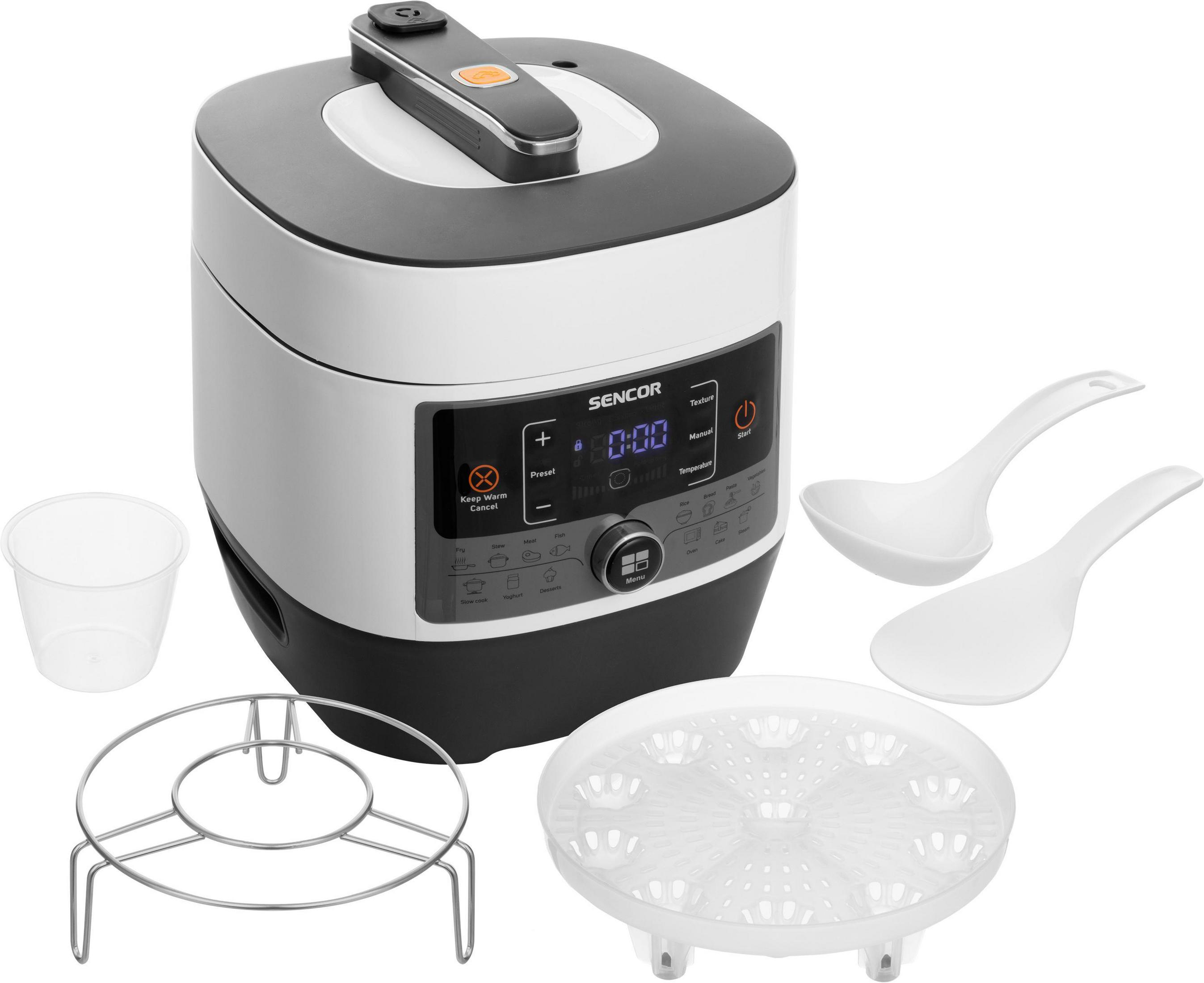 Un multicooker bianco e grigio con accessori come cucchiai e cestello per la cottura a vapore.
