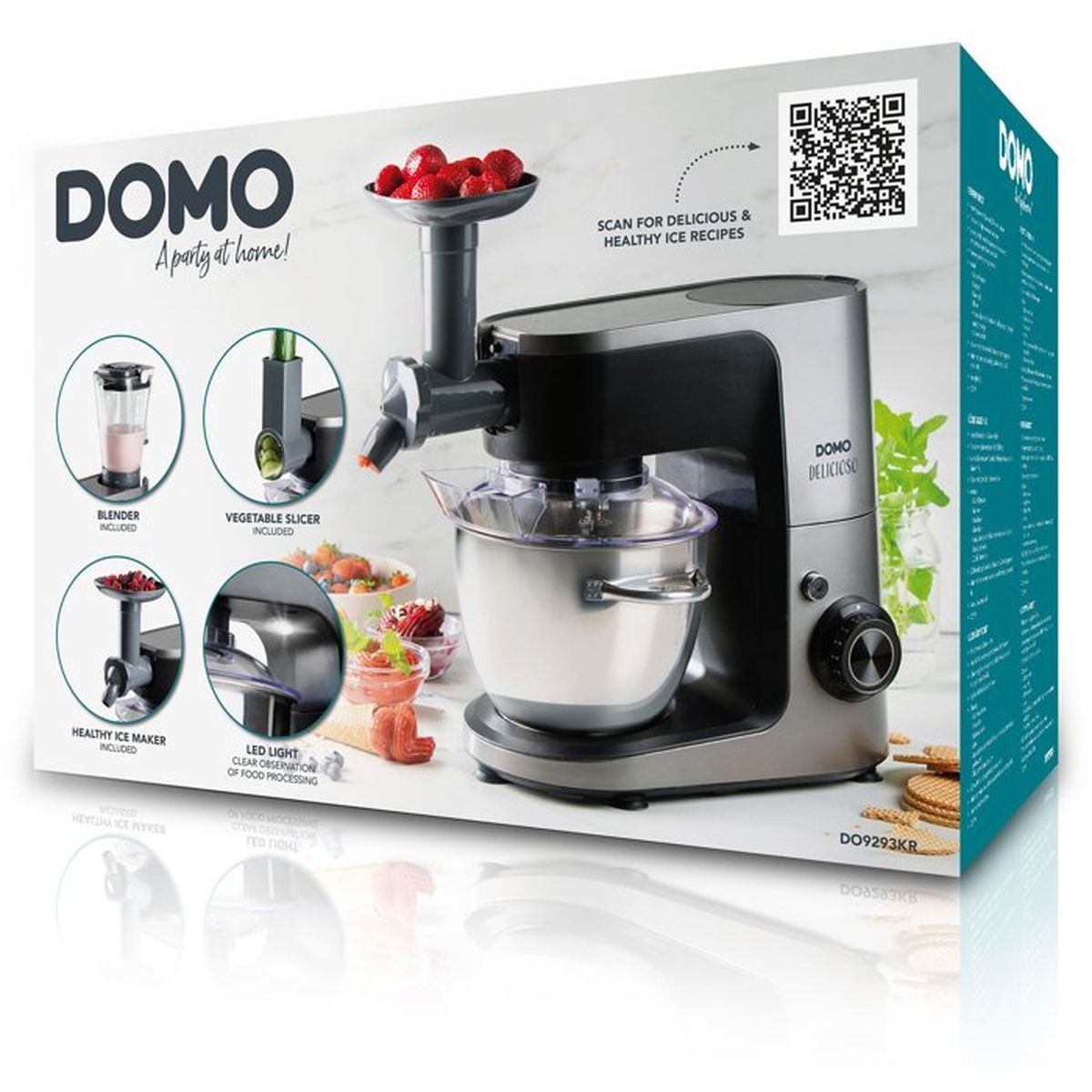 Robot da cucina Domo con accessori: frullatore, affetta verdure, gelatiera. Frutta e biscotti.