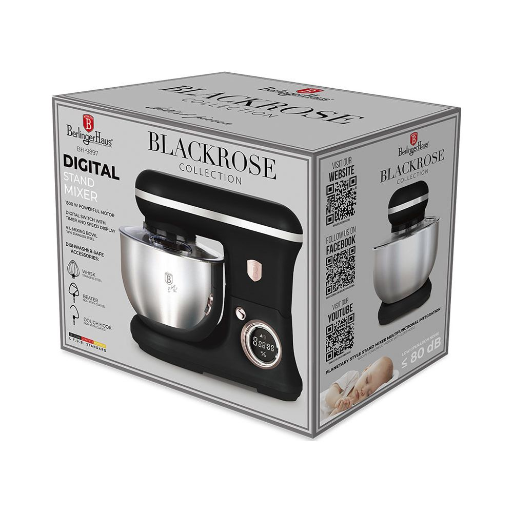 Robot pâtissier noir avec bol argenté sur une boîte affichant les détails du produit.