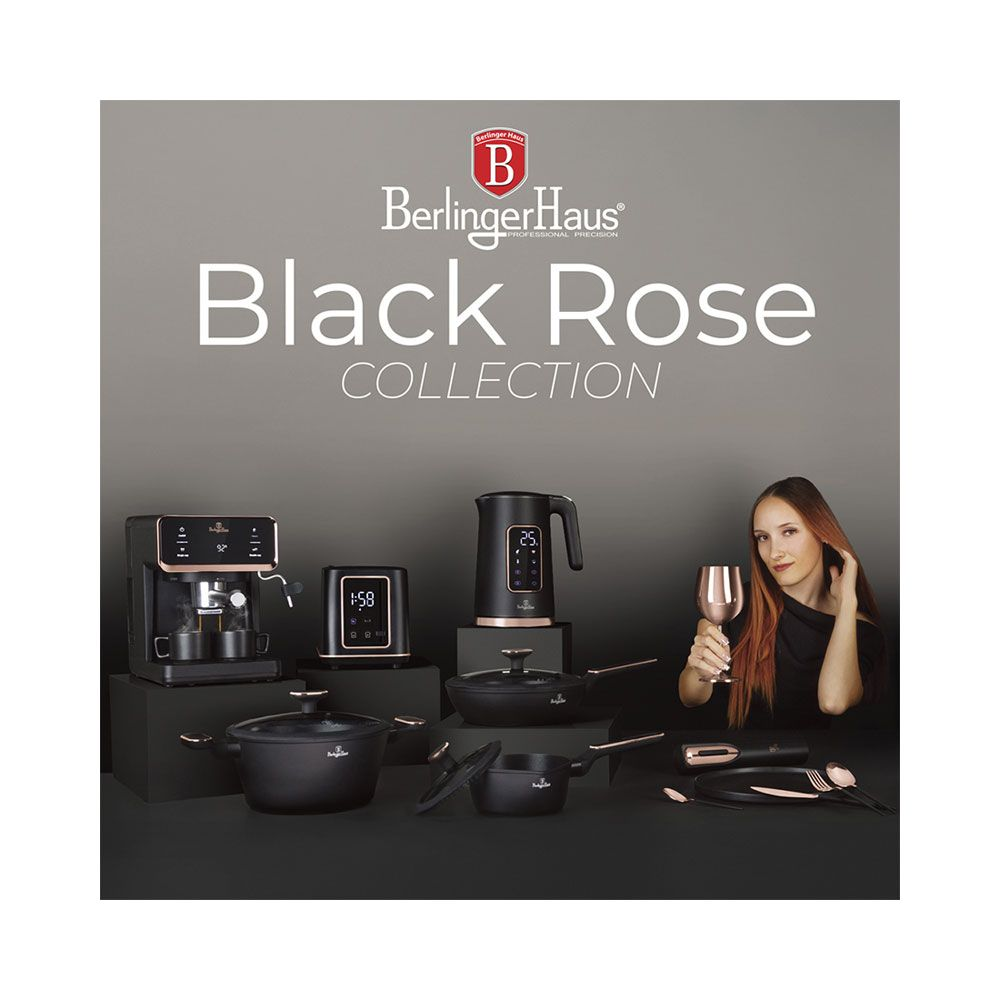 Collection Black Rose Berlinger Haus : cafetière, bouilloire, casseroles, poêles, couverts, femme avec verre à vin.