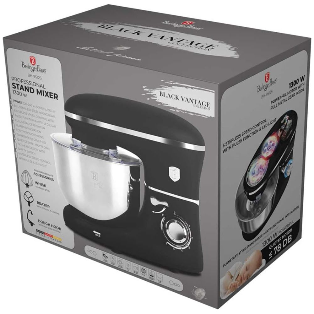 Impastatrice planetaria nera con ciotola in acciaio inox e accessori su scatola.