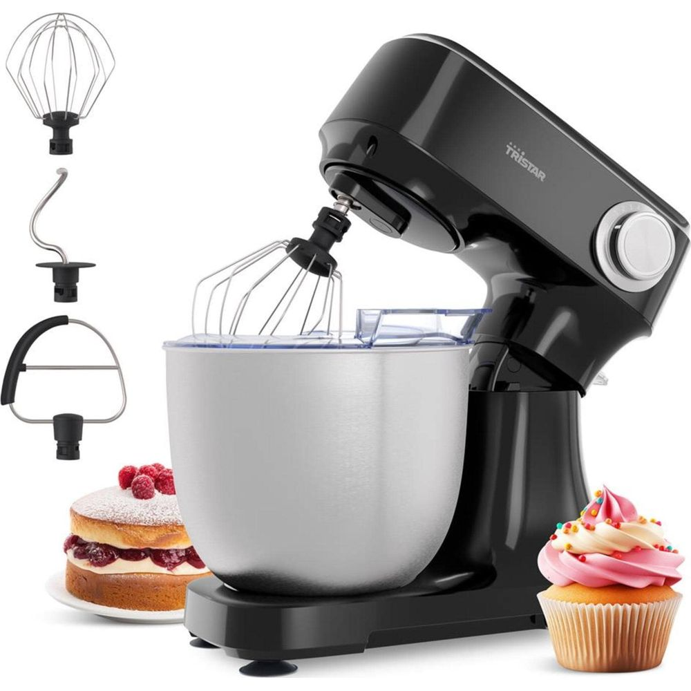 Impastatrice planetaria nera con accessori, torta e cupcake. Include frusta, gancio impasto.