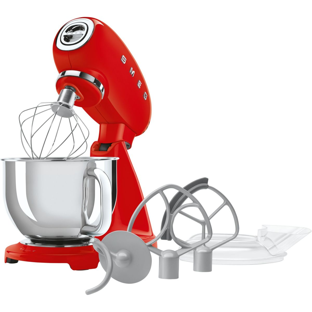 Una planetaria Smeg rossa con ciotola argento e vari accessori.