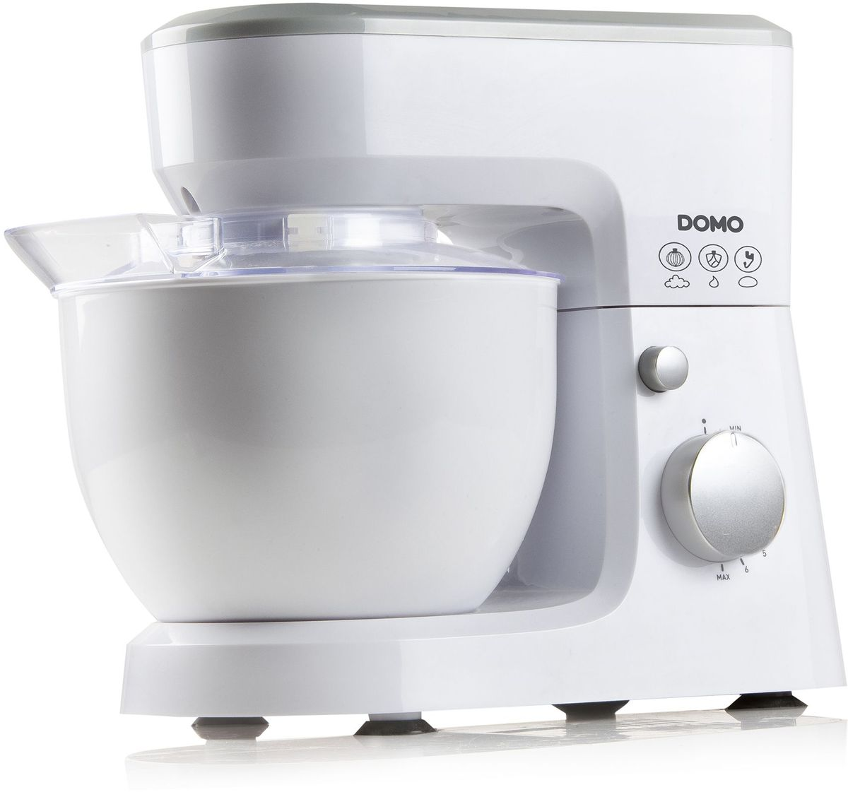 Un mixer da cucina bianco con quadrante argentato e nome del marchio DOMO.