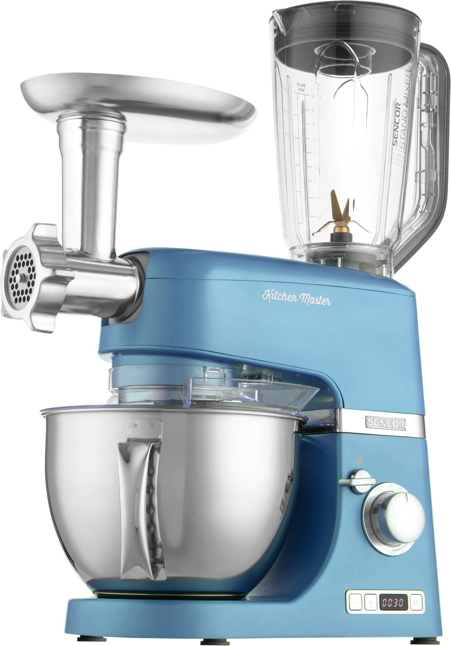 Impastatrice blu con tritacarne e frullatore, su sfondo bianco.
