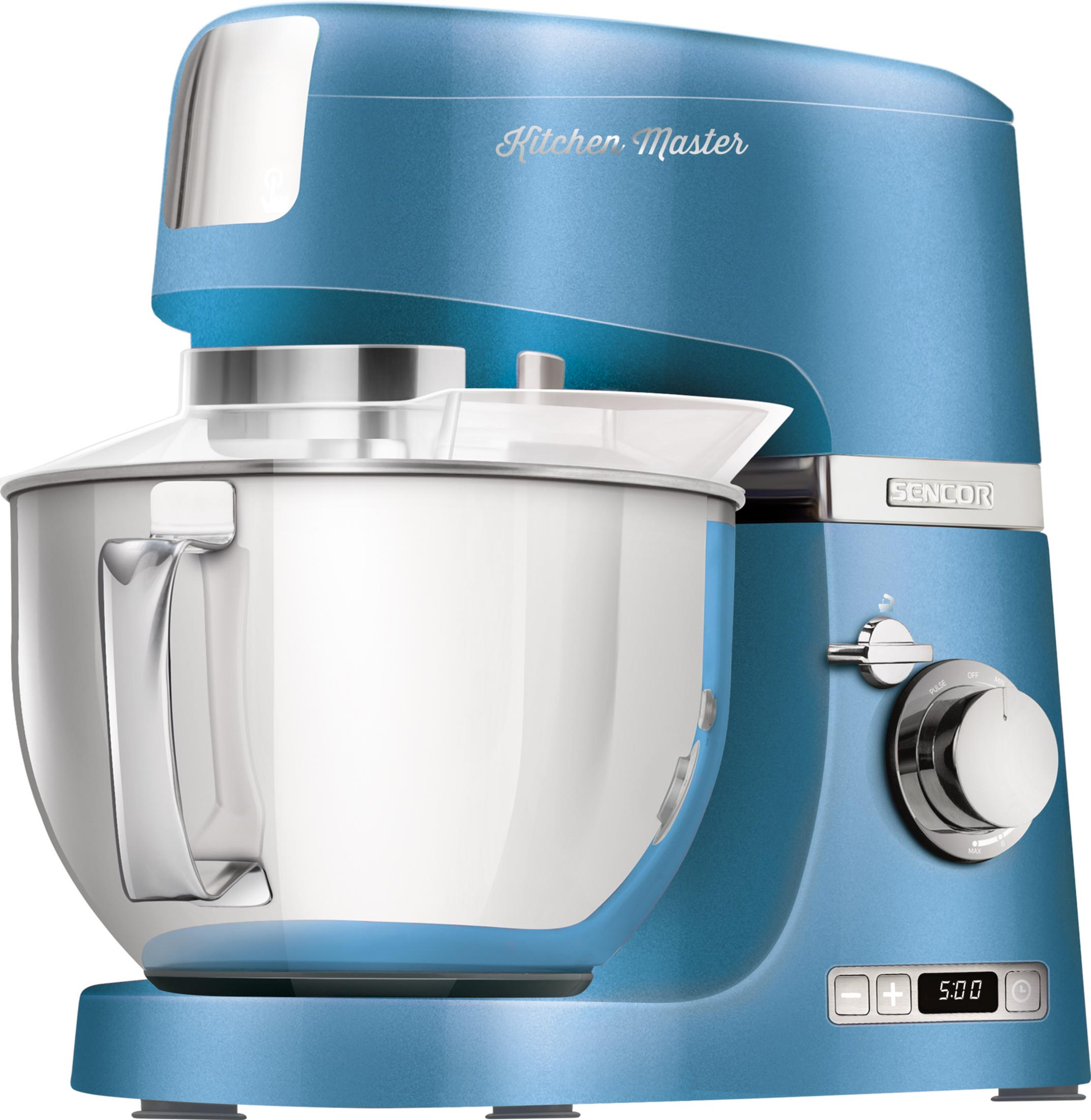 Un robot da cucina blu con ciotola argentata e controlli.