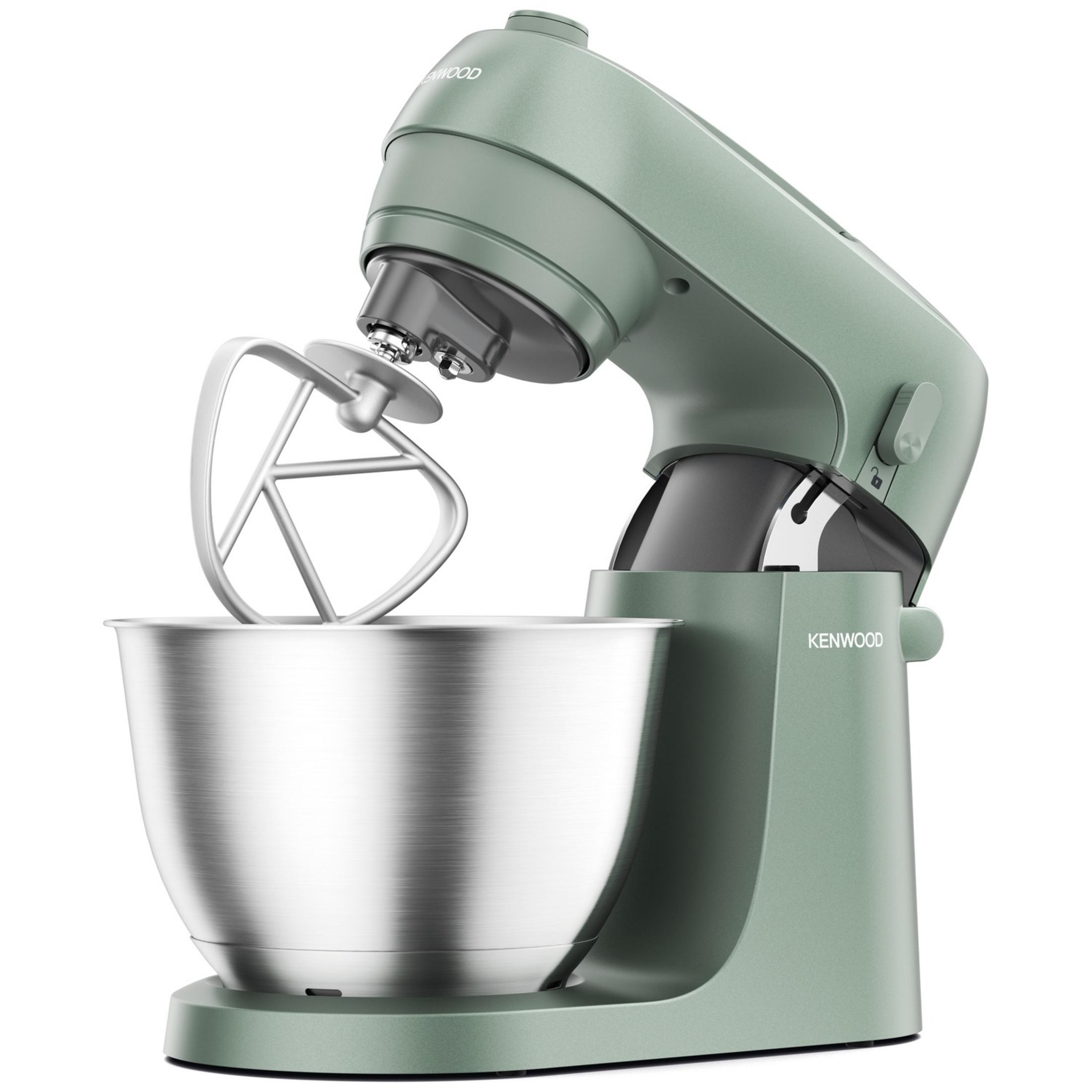 Una planetaria Kenwood verde con ciotola e frusta argentate.