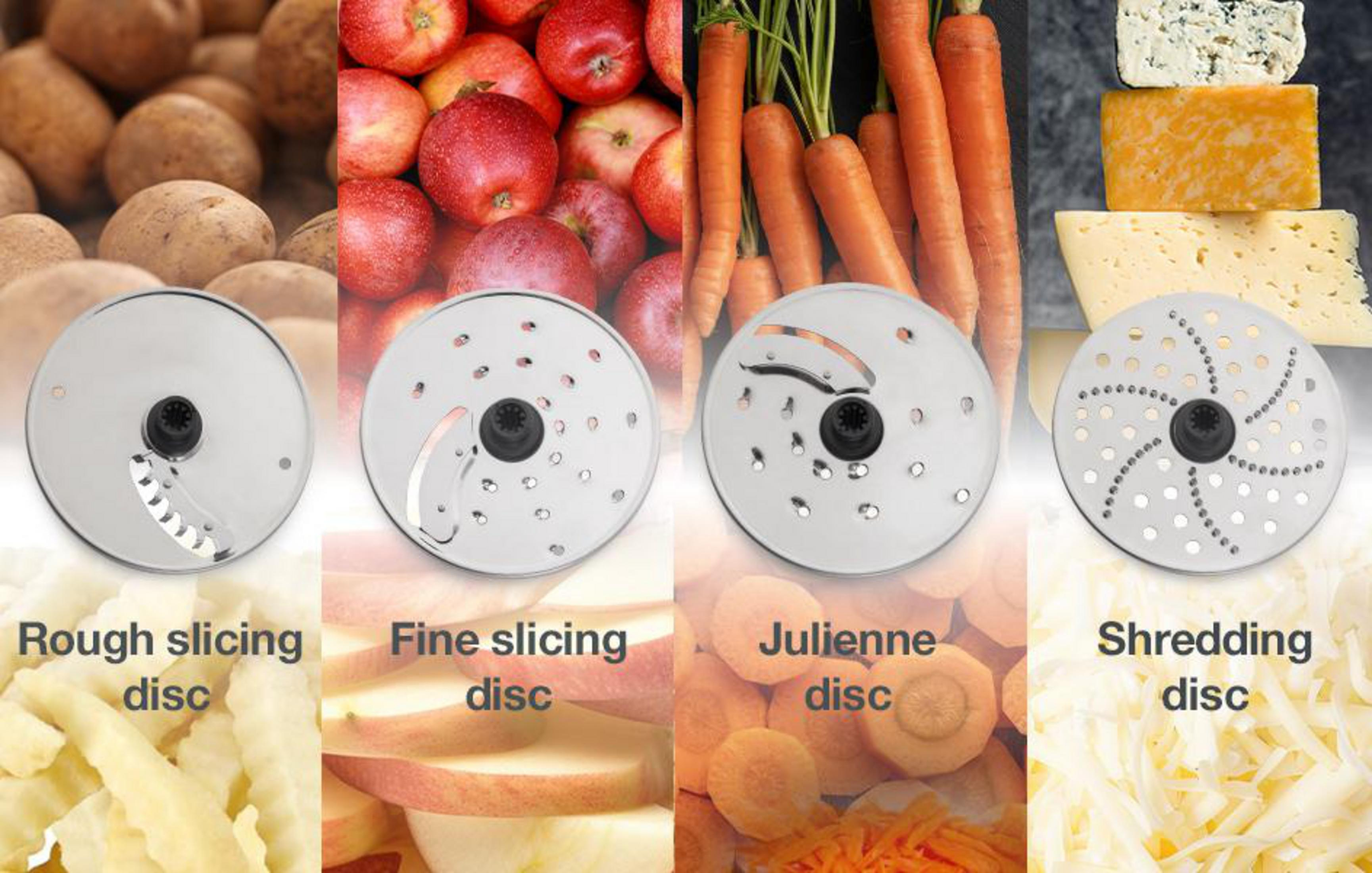 Quattro dischi per affettare alimenti: patate, mele, carote, formaggio.