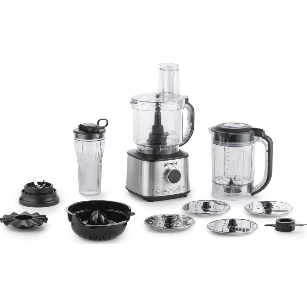 Robot da cucina con accessori, tra cui bicchiere frullatore, spremiagrumi e dischi da taglio.
