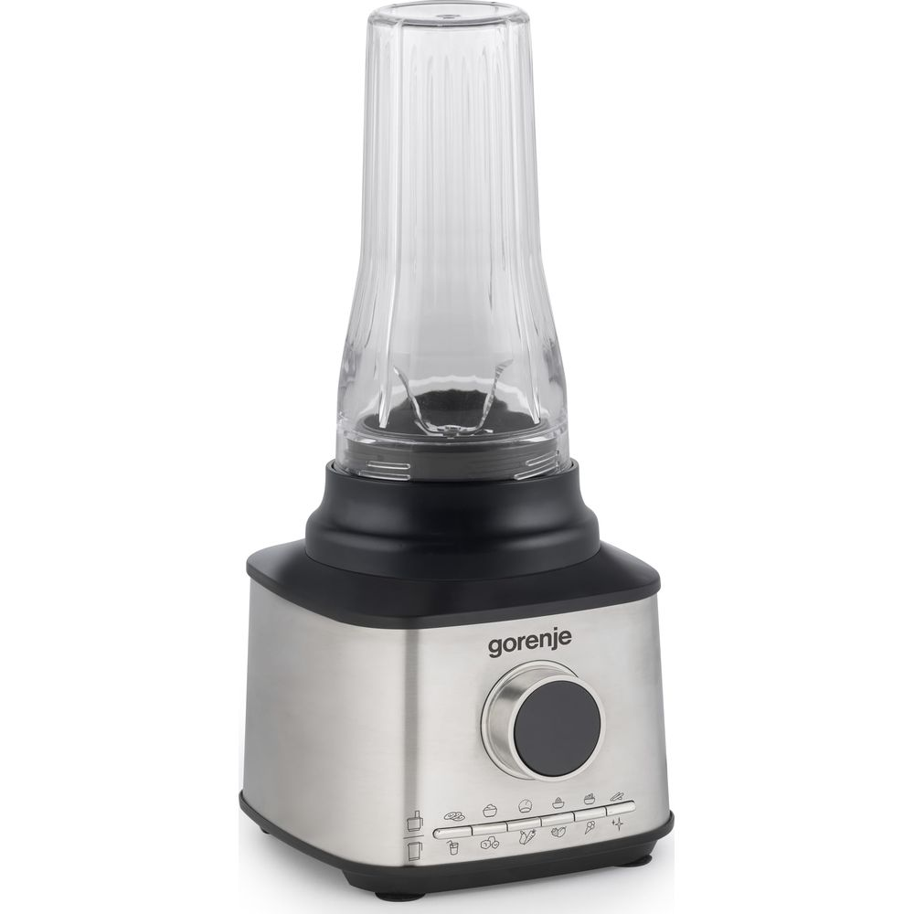 Un frullatore Gorenje argento con base nera e coperchio trasparente.