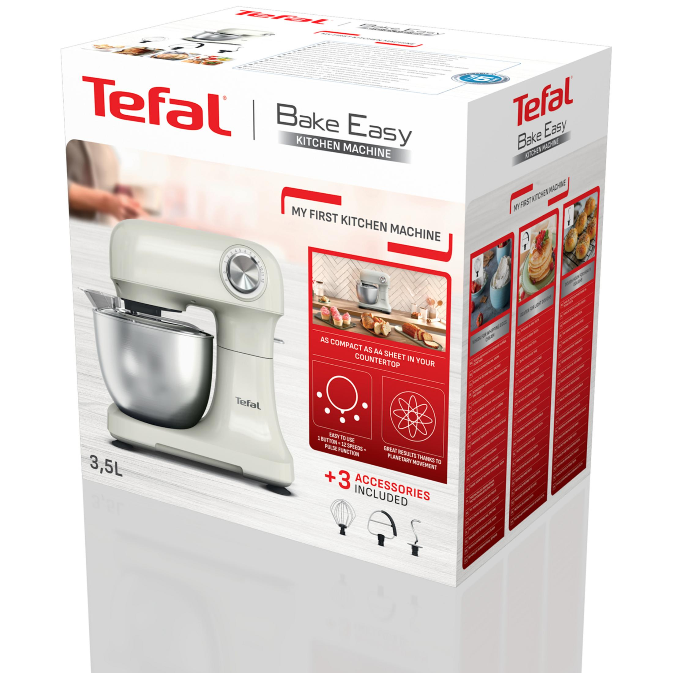Impastatrice Tefal bianca con ciotola argento su scatola. Capacità 3.5L, accessori inclusi.