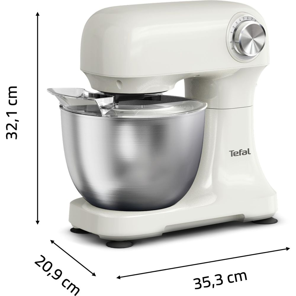 Una planetaria Tefal color crema con ciotola in acciaio inox e selettore velocità.