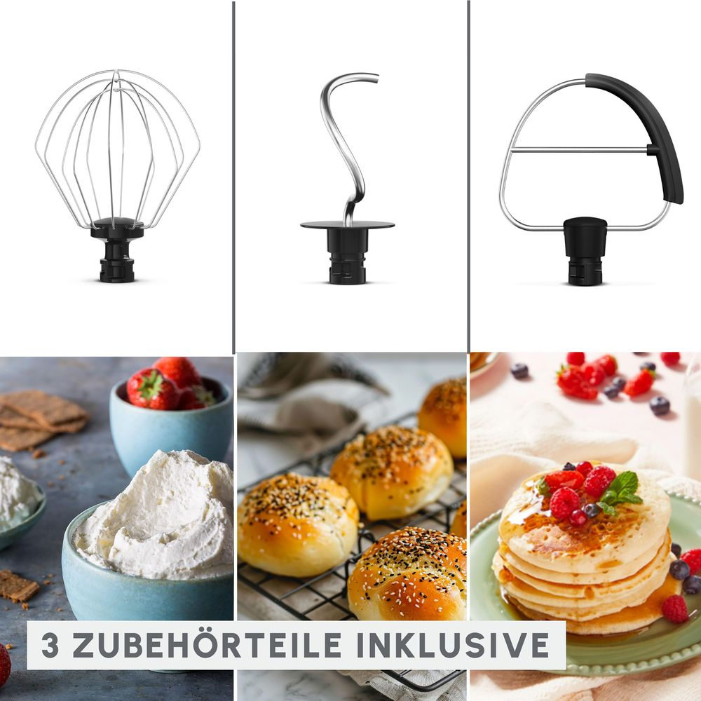 Accessori impastatrice: frusta, gancio impastatore, frusta piatta. Sotto: panna, panini, pancake.