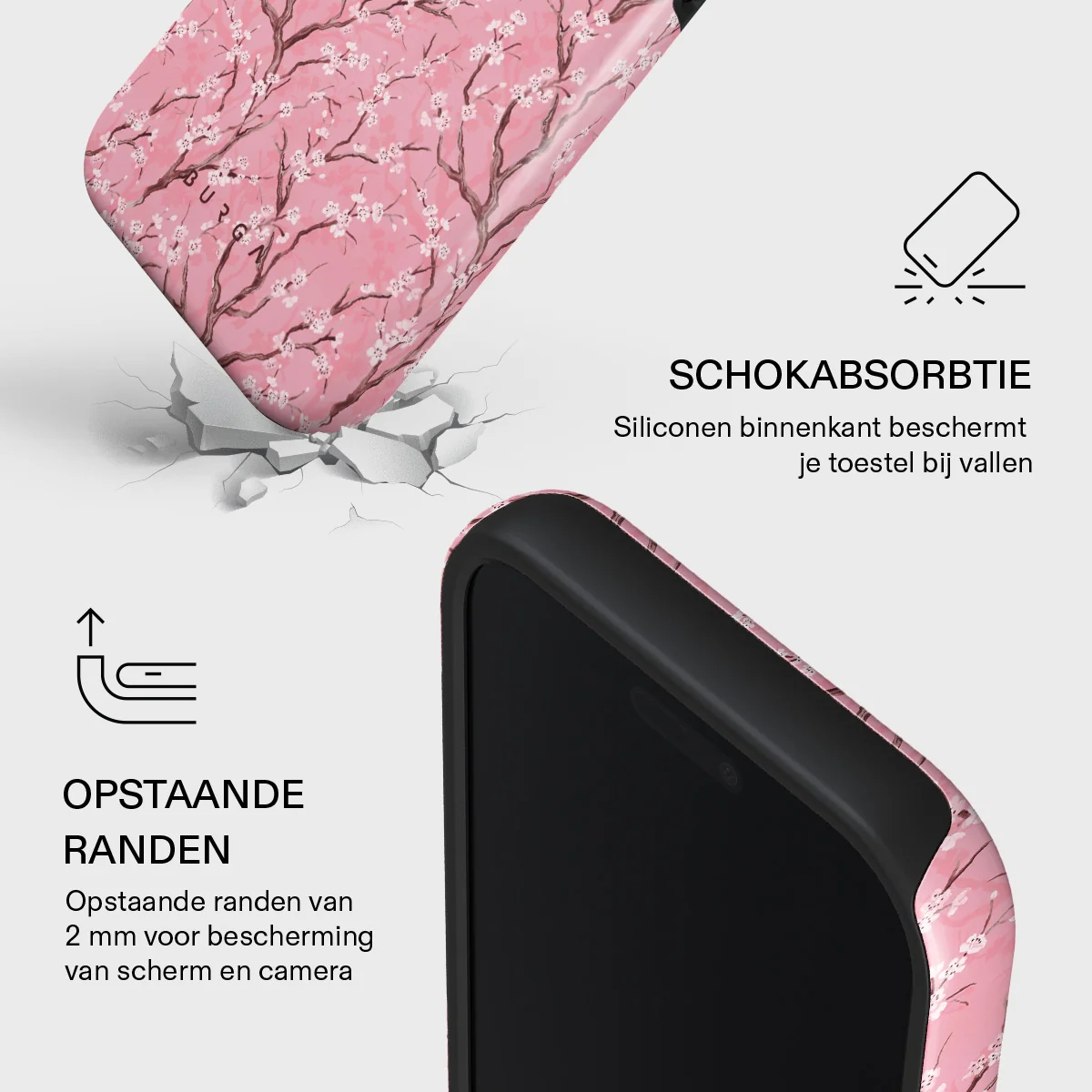 Funda de teléfono con estampado de flor de cerezo, absorbente de impactos y bordes elevados.