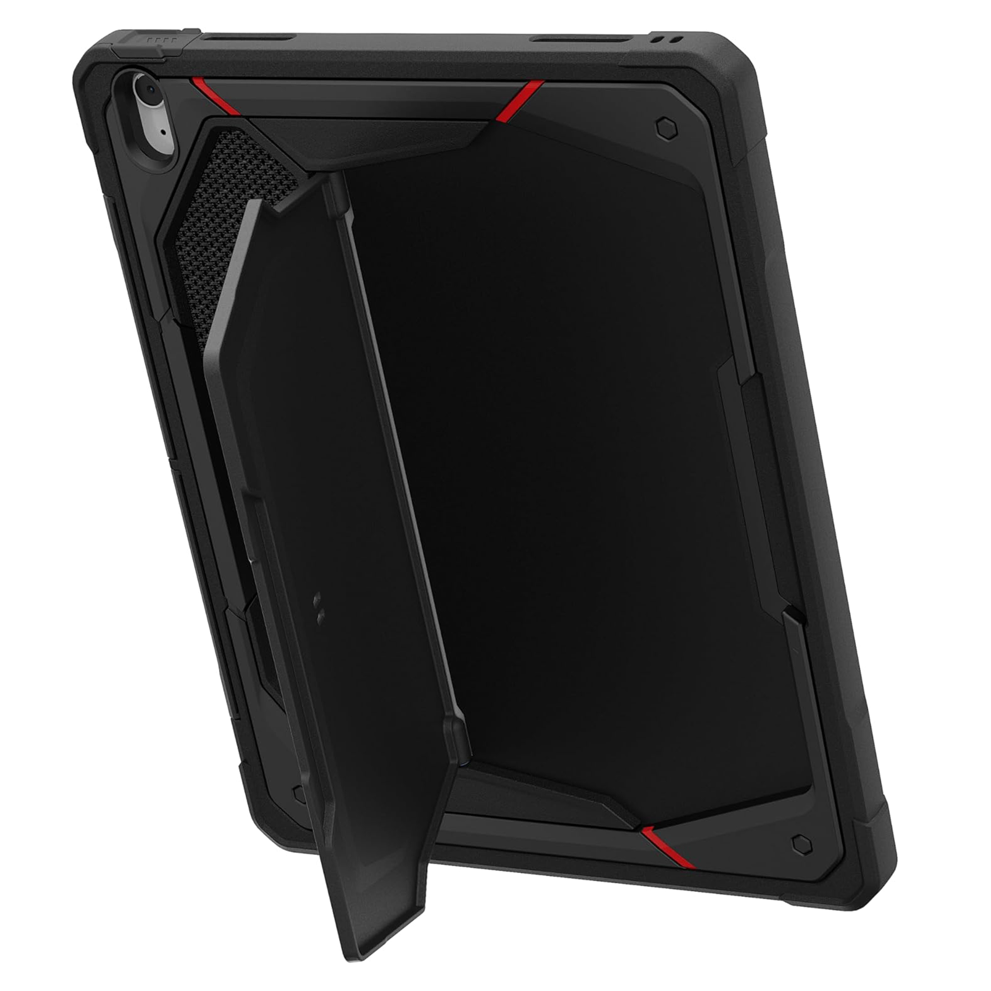 Schwarzes Tablet-Schutzgehäuse mit ausklappbarem Ständer und roten Akzenten.