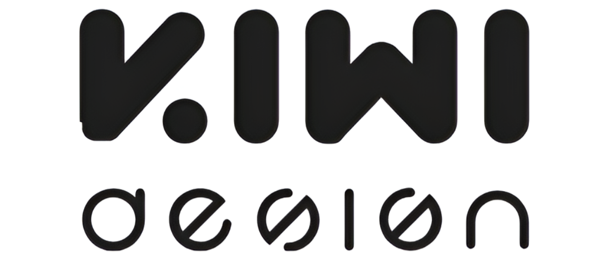 Logotipo negro con las palabras KIWI y DESIGN, fondo blanco.