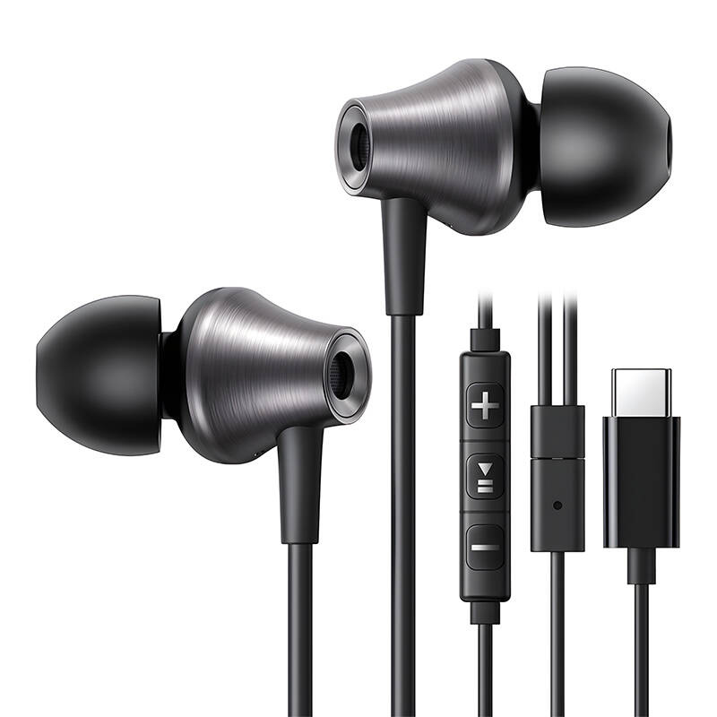 Auricolari grigi con connettore USB-C e telecomando in linea.