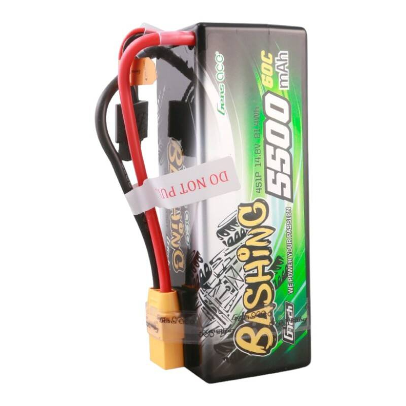 Akumulator LiPo Gens Ace 4S1P 14.8V 5500mAh z czerwonymi i czarnymi przewodami.