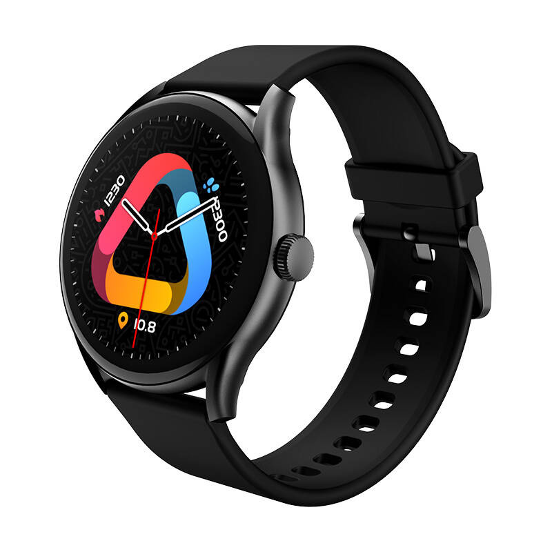 Uno smartwatch nero con display digitale colorato e cinturino in silicone.
