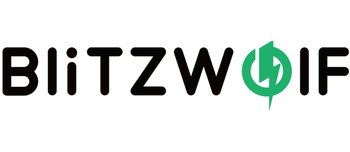 Logo Blitzwolf con testo nero e simbolo di fulmine verde.