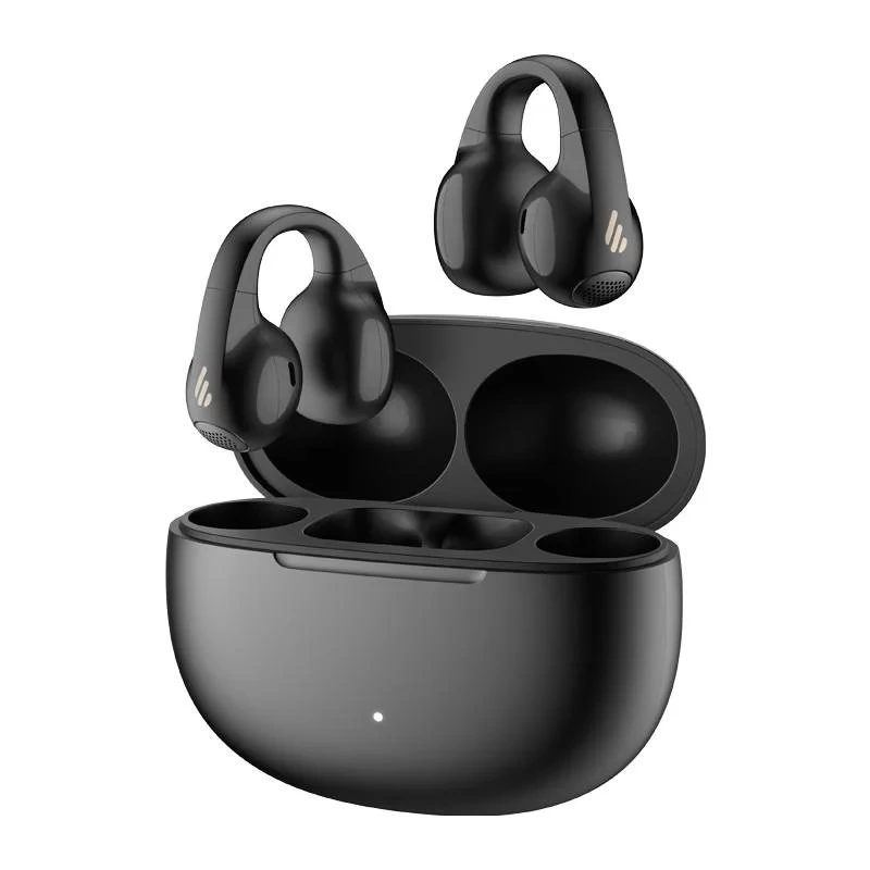 Auricolari wireless neri con custodia di ricarica su sfondo bianco.