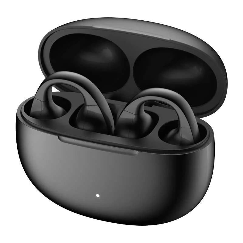 Auricolari wireless neri in una custodia di ricarica aperta.