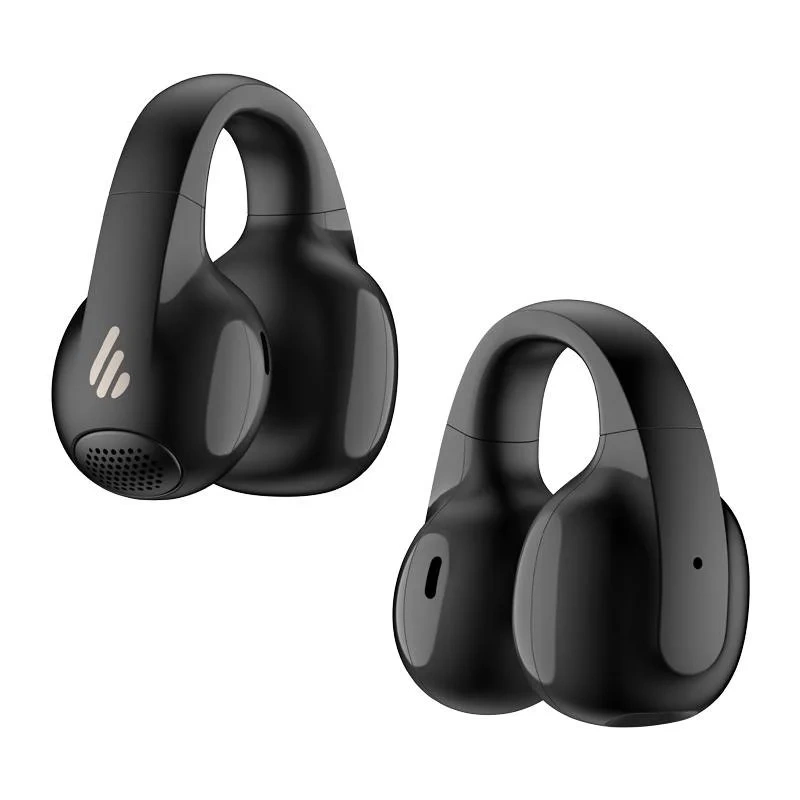 Due auricolari neri wireless con design a gancio su sfondo bianco.