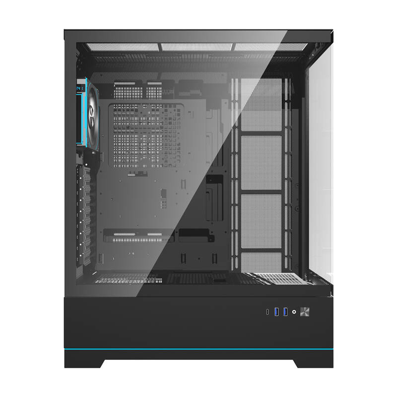 Un case per computer nero con pannelli in vetro e accenti blu.