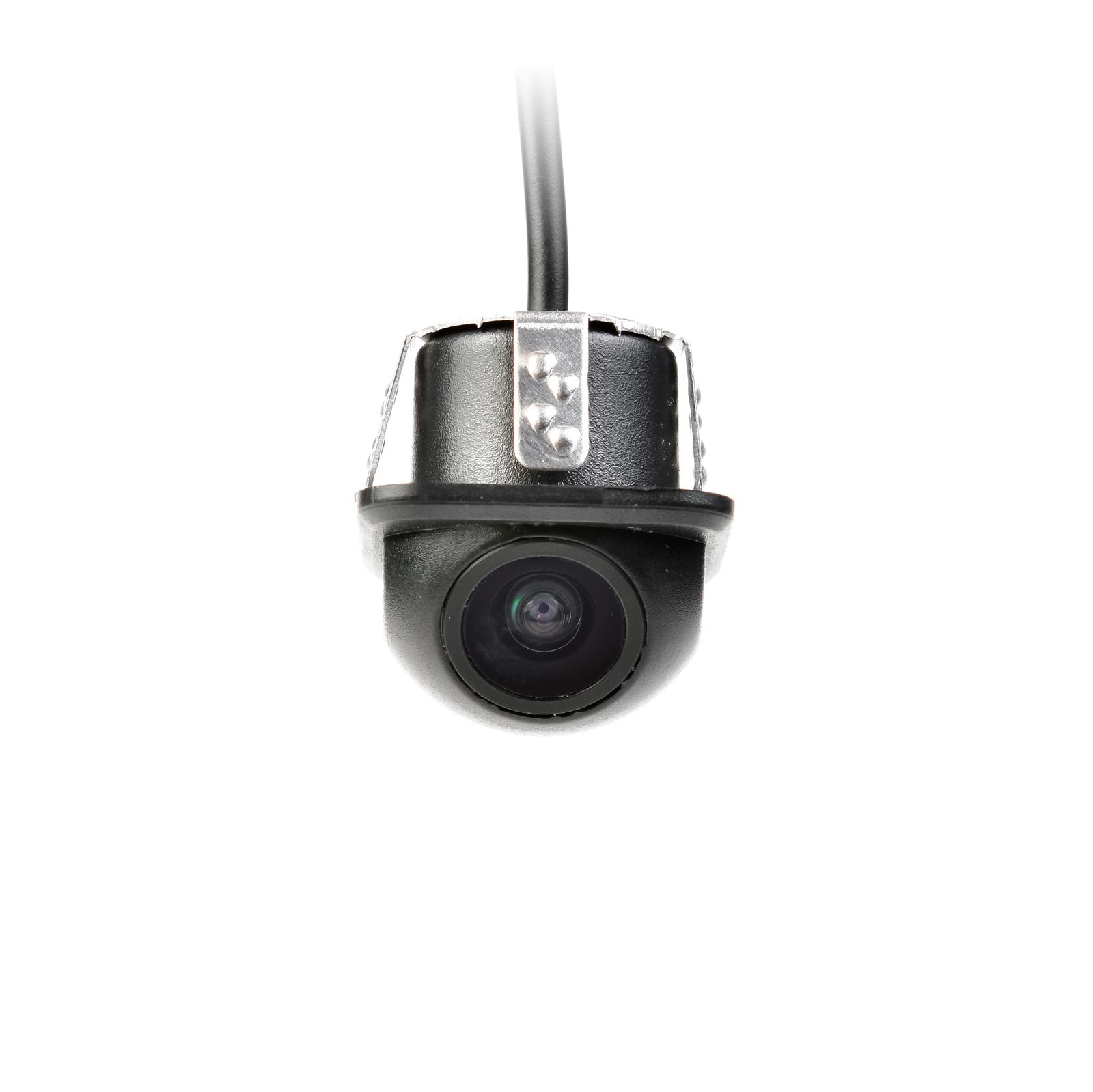 Kompakte schwarze Rückfahrkamera mit Metallhalterung und Kabel.