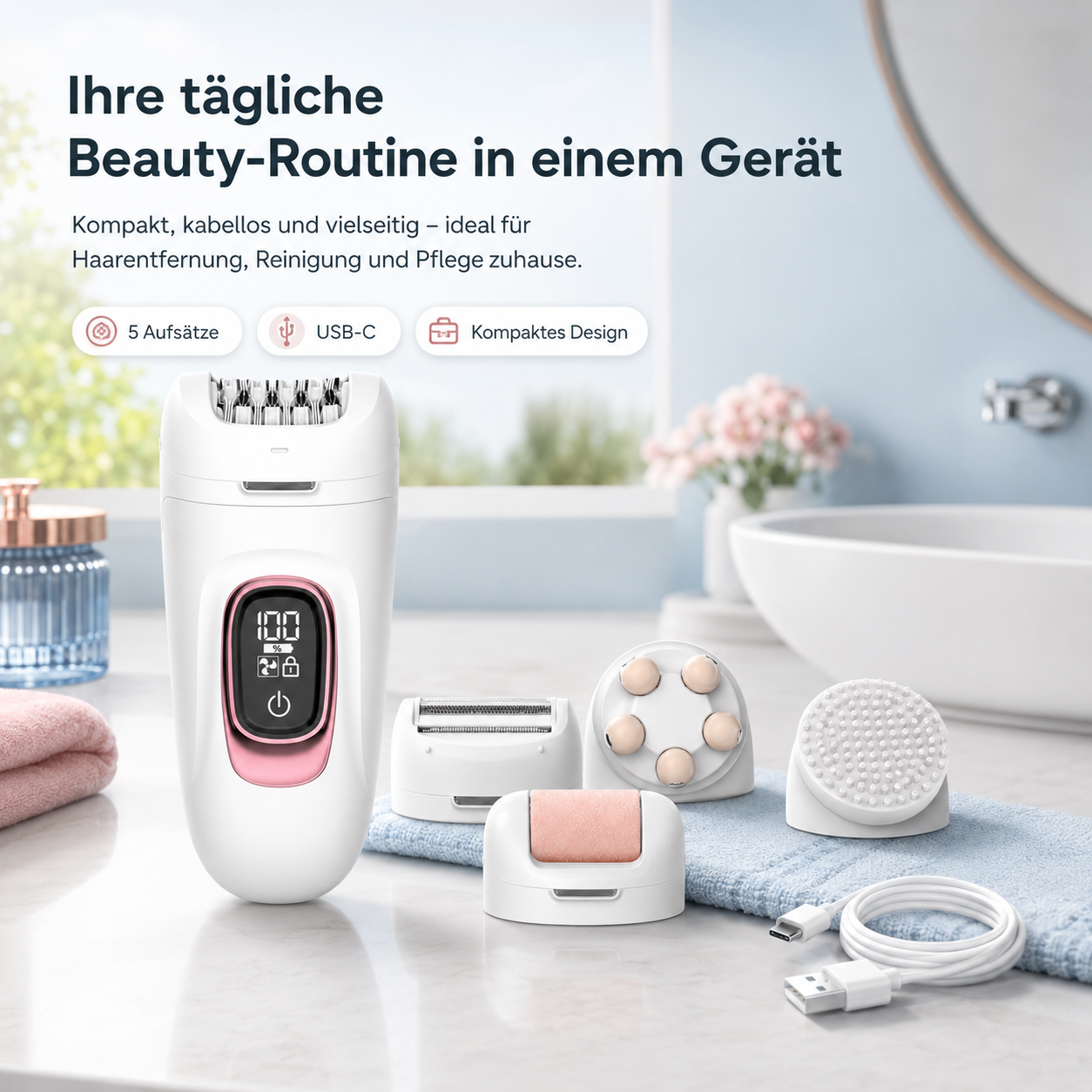Ein weißer Epilierer mit rosa Akzenten und verschiedenen Aufsätzen auf einem Marmortisch.