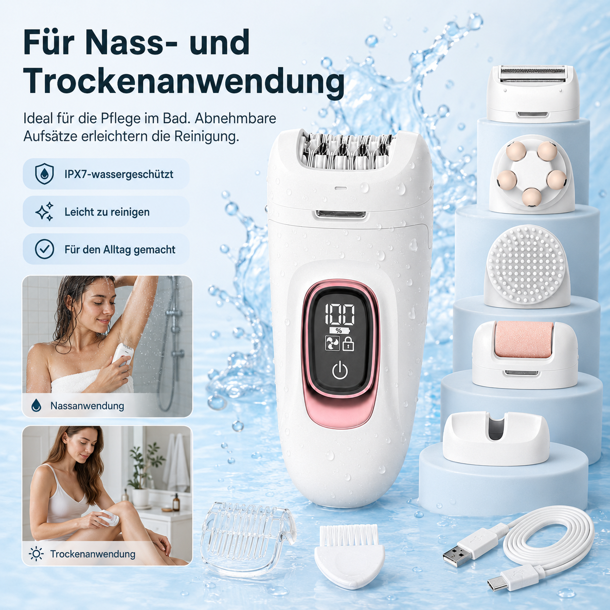 Ein weißer Epilierer mit rosa Akzenten und digitalen Anzeigen, umgeben von Zubehör.