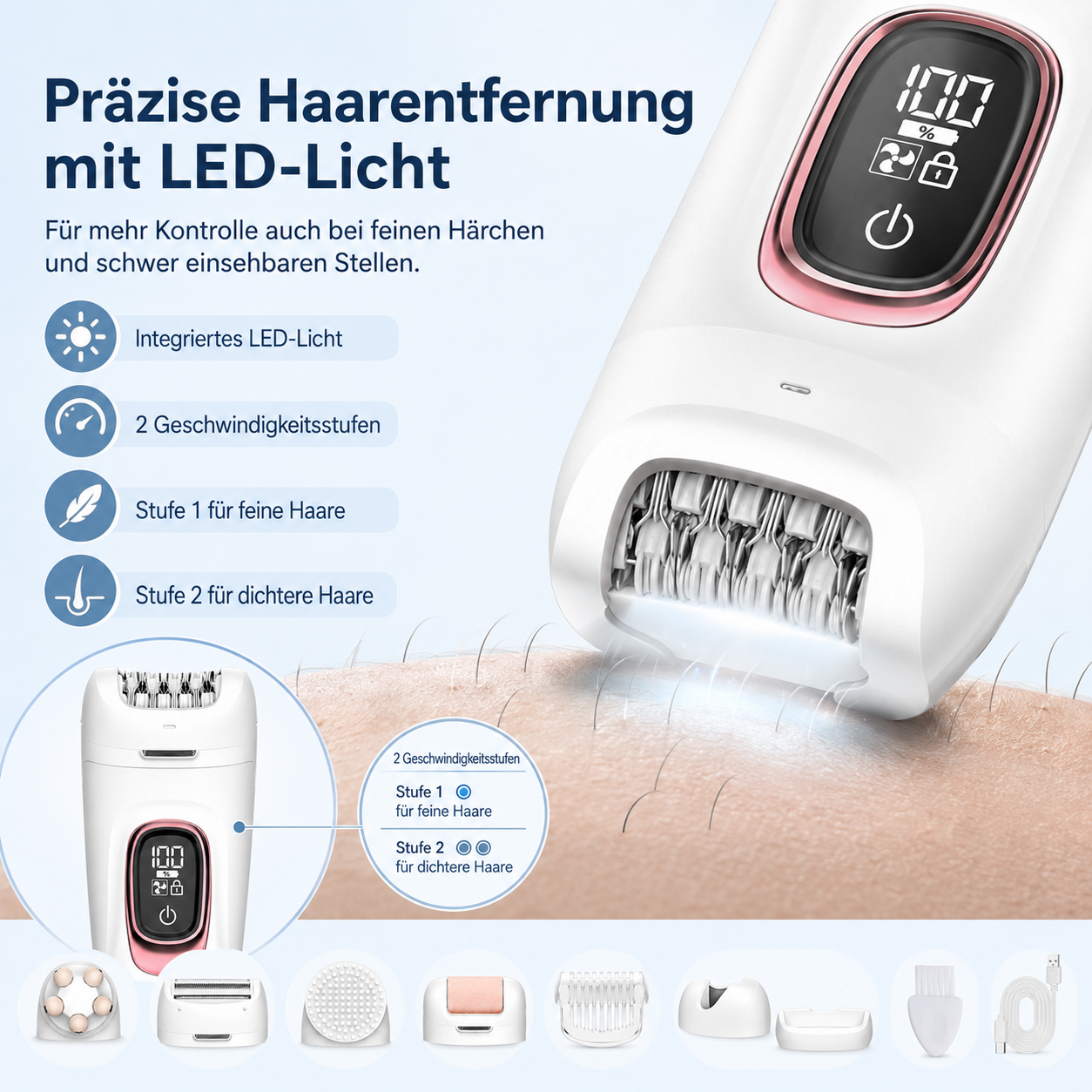 Epilierer mit LED-Licht und verschiedenen Aufsätzen für präzise Haarentfernung.