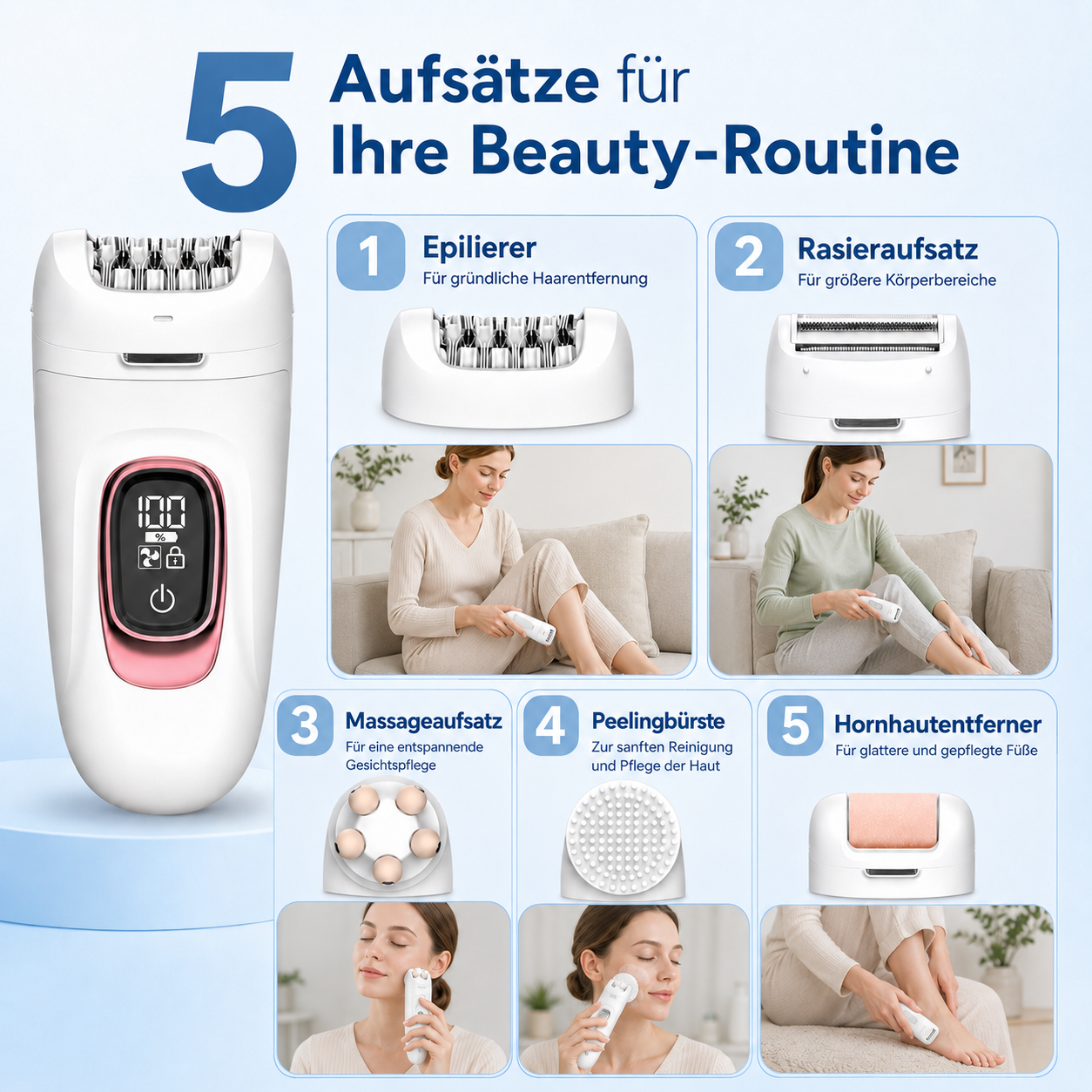 Ein weißer Epilierer mit pinkfarbenem Akzent und Digitalanzeige. Daneben 5 Aufsätze für Beauty-Anwendungen.