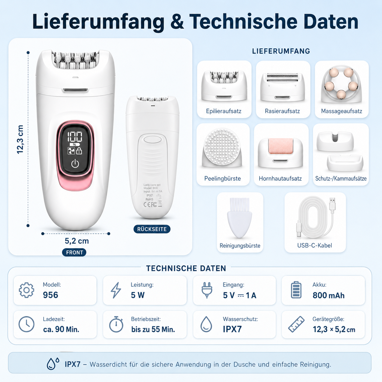 Ein weißer Epilierer mit Zubehör, Maße und technische Daten.