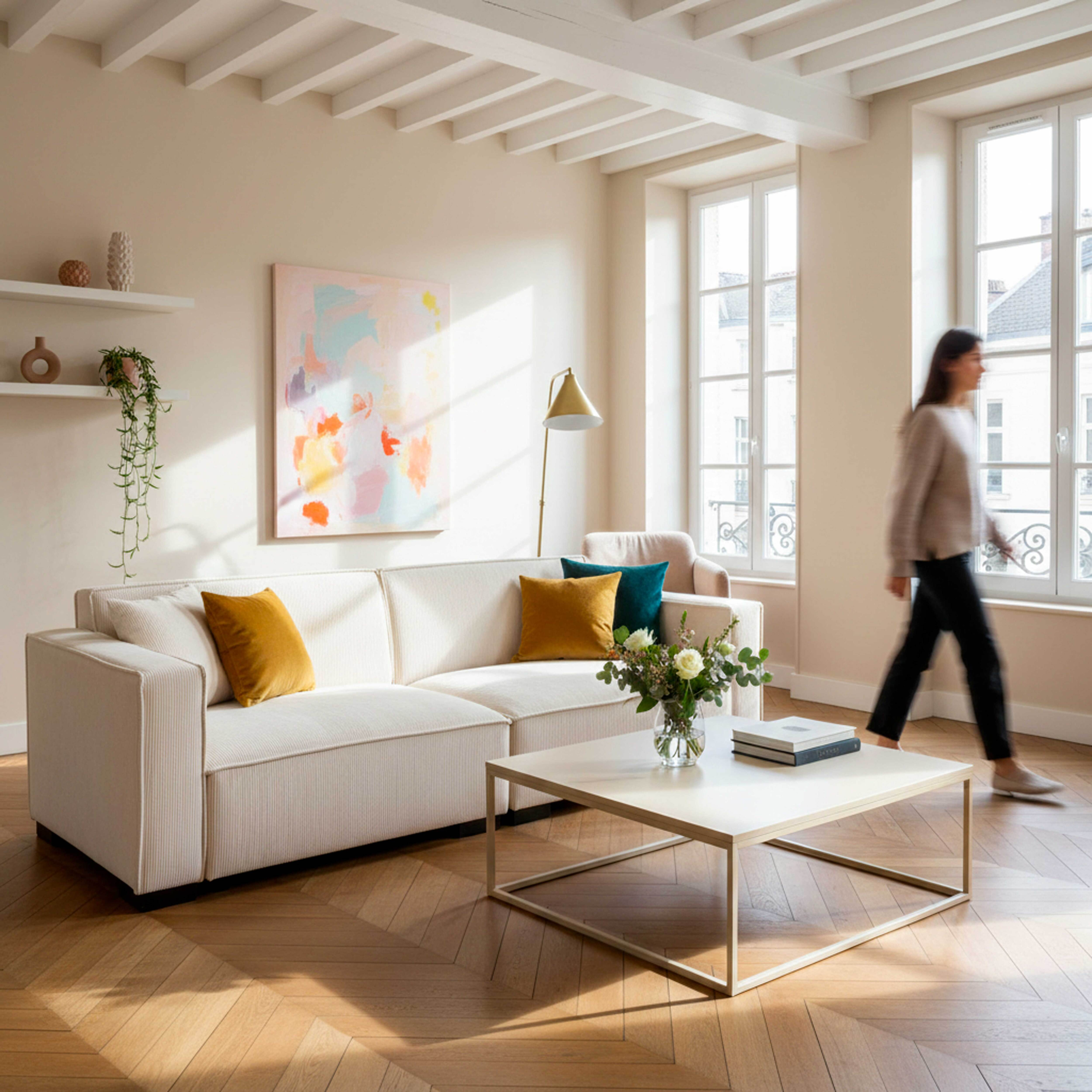 Ein helles Wohnzimmer mit einem weißen Sofa, einem Couchtisch und einer Frau, die vorbeigeht.