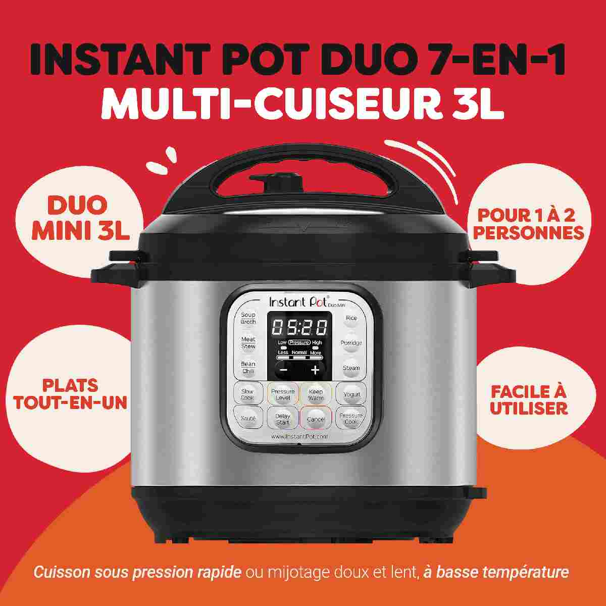 Srebrny szybkowar z czarną pokrywą i panelem sterowania. Tekst: Instant Pot Duo 7-in-1.