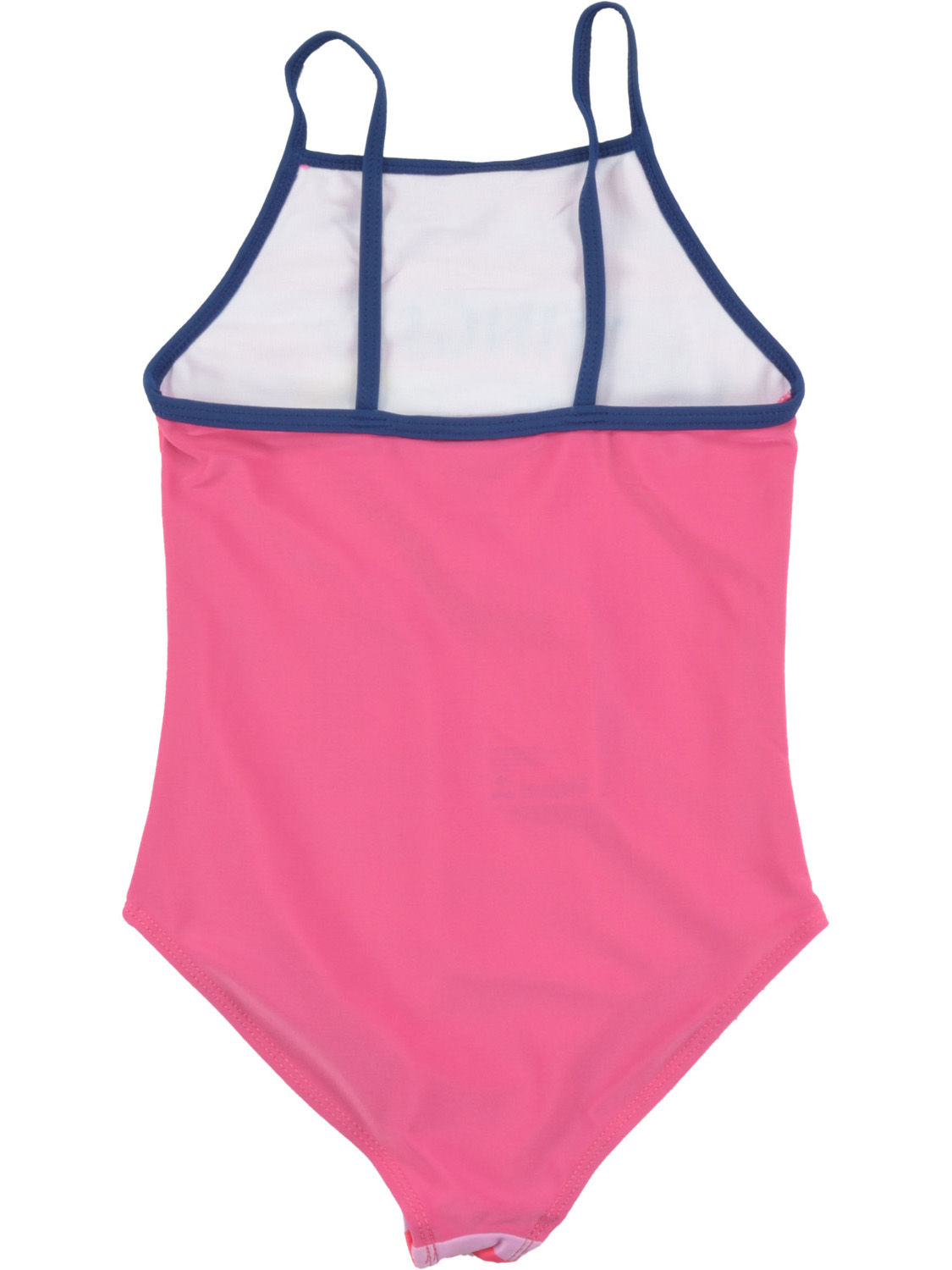 Rückseite eines pinken Badeanzugs mit blauen Trägern und Einfassungen.