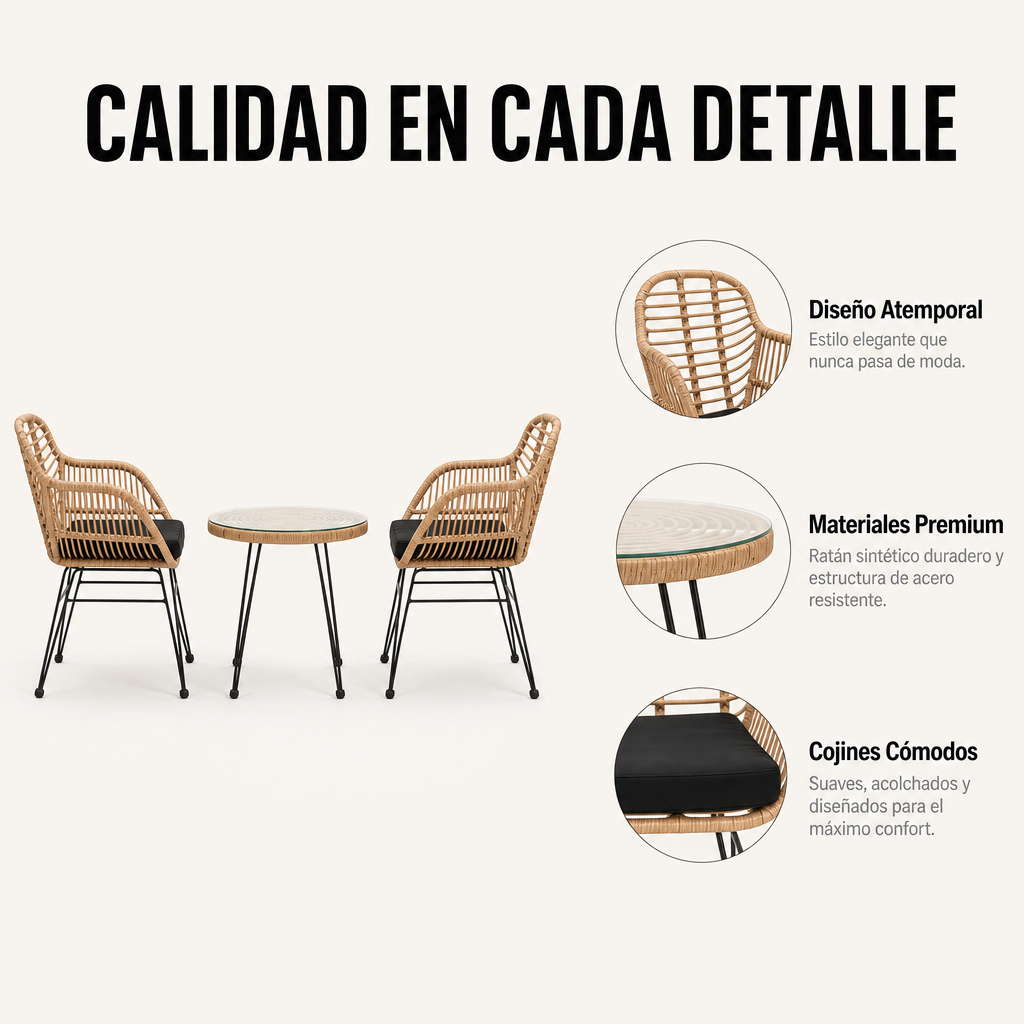Sillas de ratán marrones y mesa de cristal, con detalles de diseño y materiales.