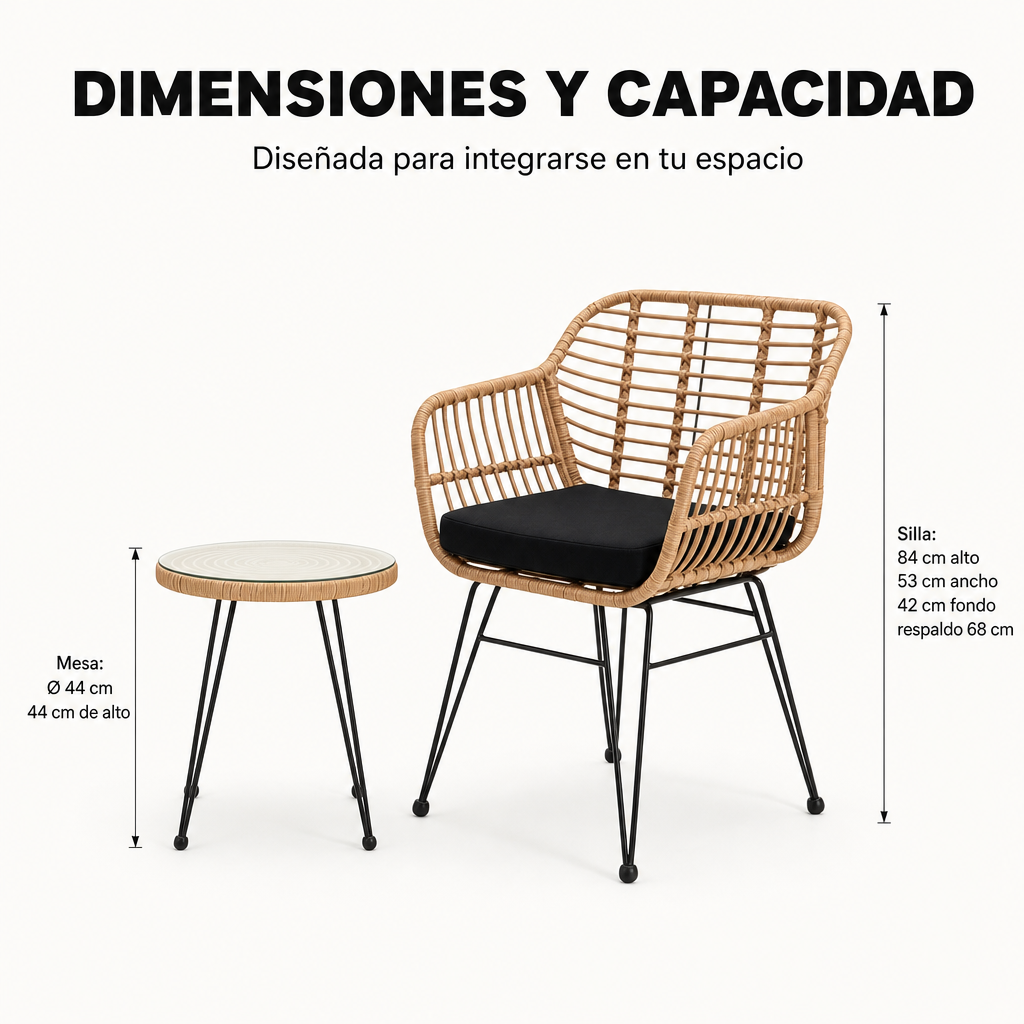 Una silla de ratán con cojín negro y una mesa auxiliar redonda con tapa de cristal.