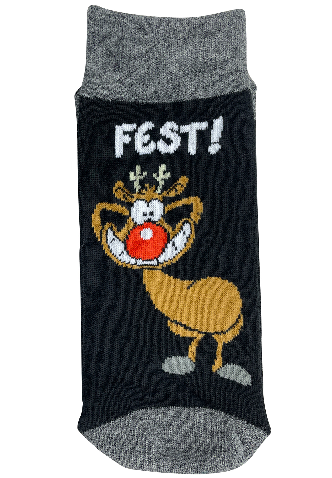 Schwarzer Socken mit Rentier-Aufdruck und "FEST!"-Schriftzug, grauer Bund.