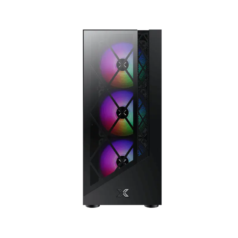 Un case per PC nero con tre ventole RGB e frontale in vetro.